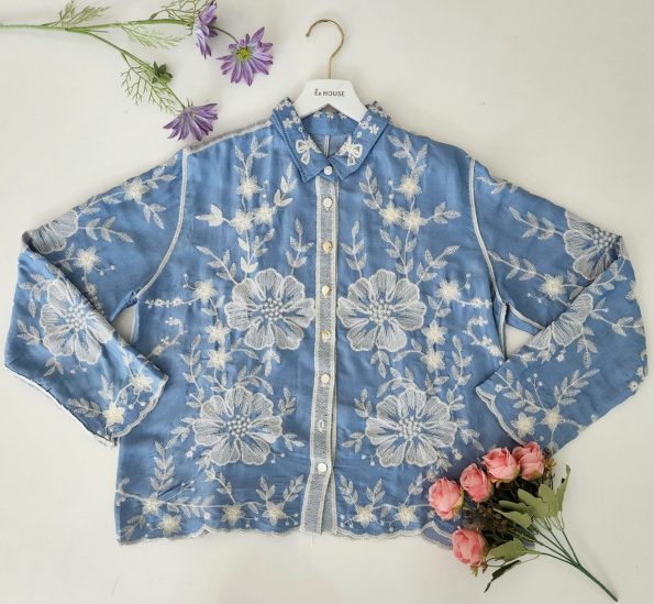 高品仿牛仔刺绣Floral 时装上衣 (7262)