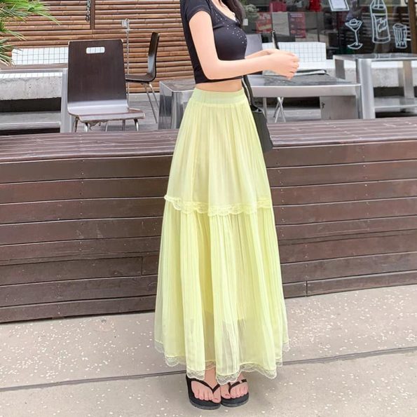 Lace Pleated Midi Skirt (607)