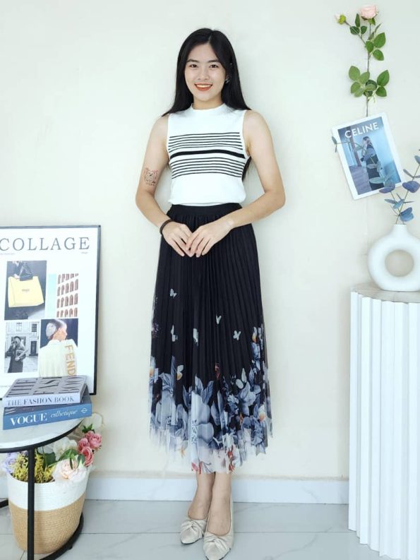 新中式 Pleated Mesh Midi Skirt (1196)D35