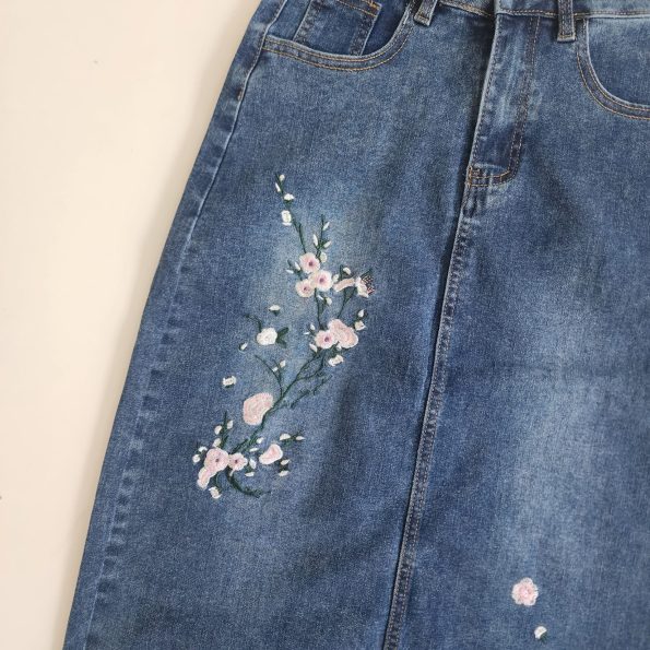 Embroidery Denim Midi Skirt (9805)