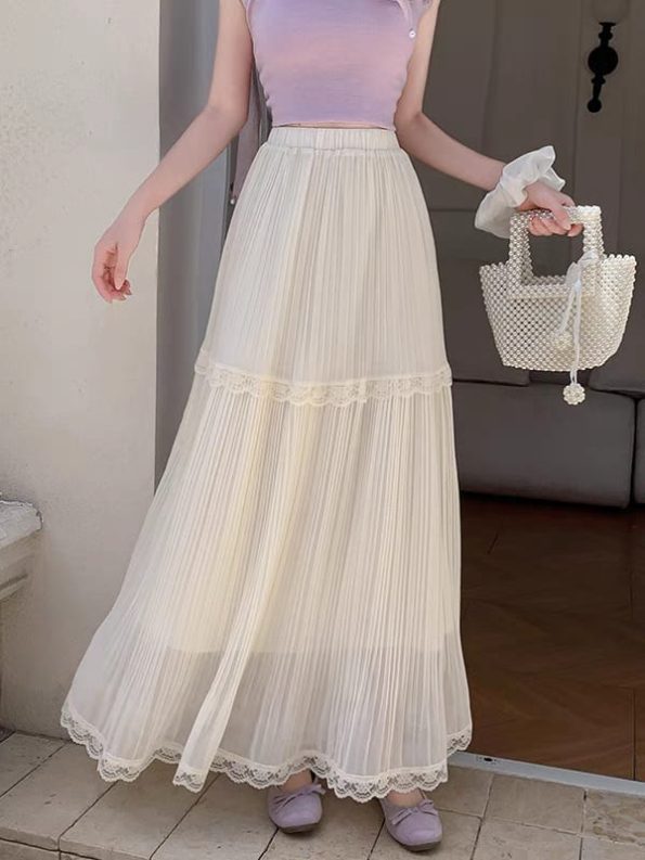 Lace Pleated Midi Skirt (607)