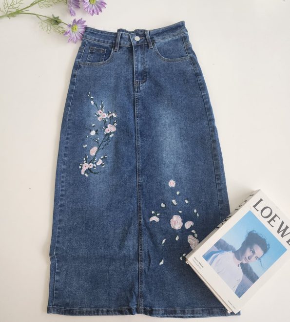 Embroidery Denim Midi Skirt (9805)