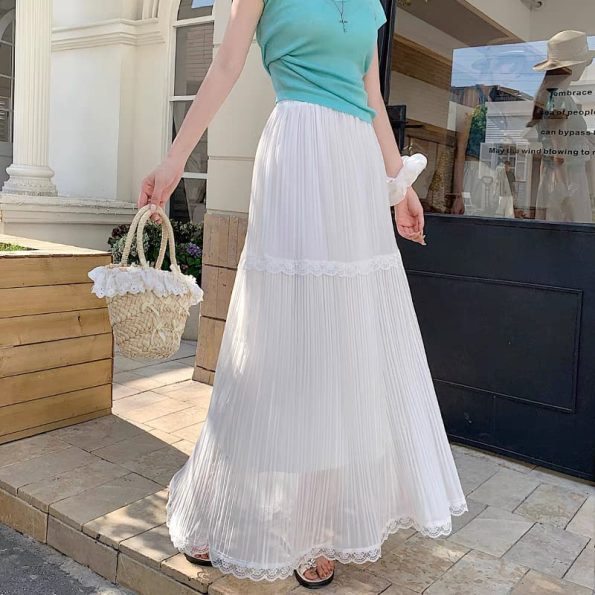 Lace Pleated Midi Skirt (607)