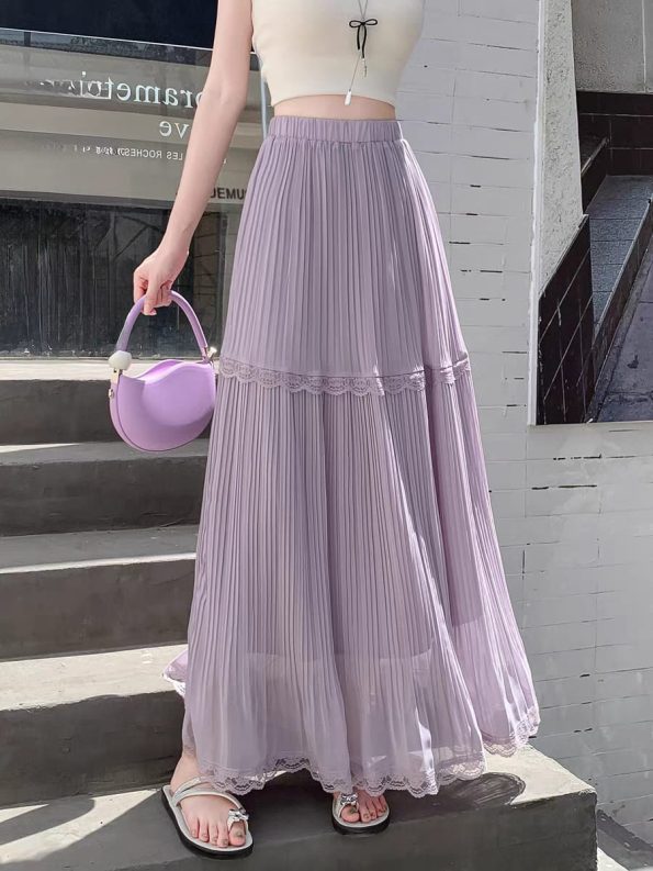Lace Pleated Midi Skirt (607)