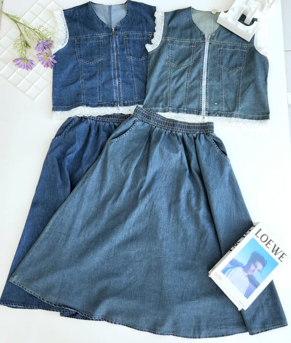 Denim套装 (马甲外套+牛仔半裙) (A136)