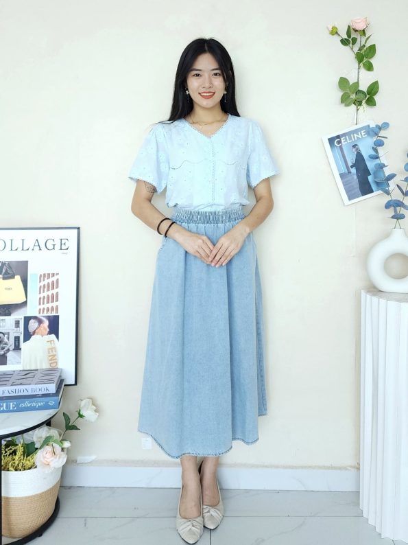Premium Denim Midi Skirt (有双口袋) (0570)