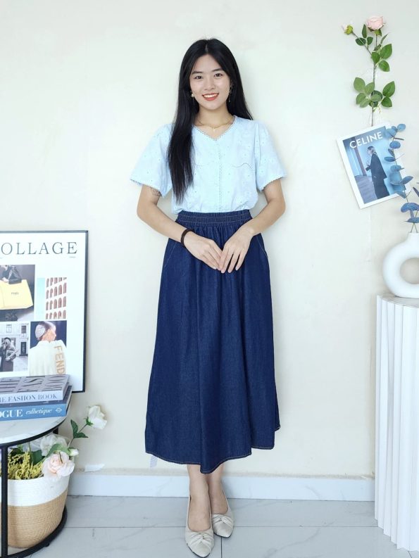 Premium Denim Midi Skirt (有双口袋) (0570)
