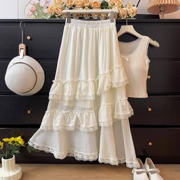 Lace Ruffles Midi Skirt (5510)B35