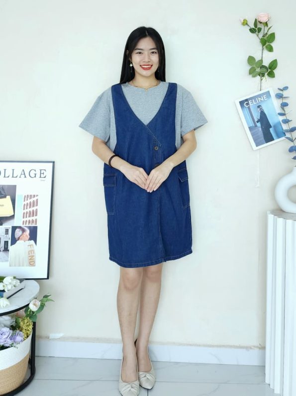 高品假两件吊带Denim连身裙 (4052)