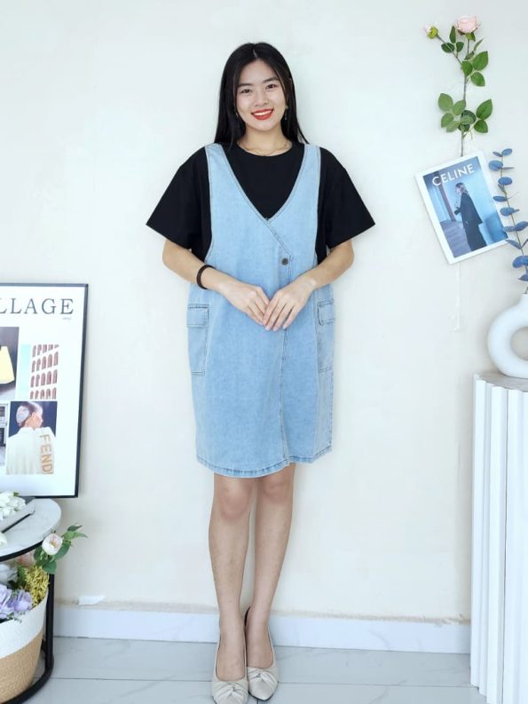 高品假两件吊带Denim连身裙 (4052)